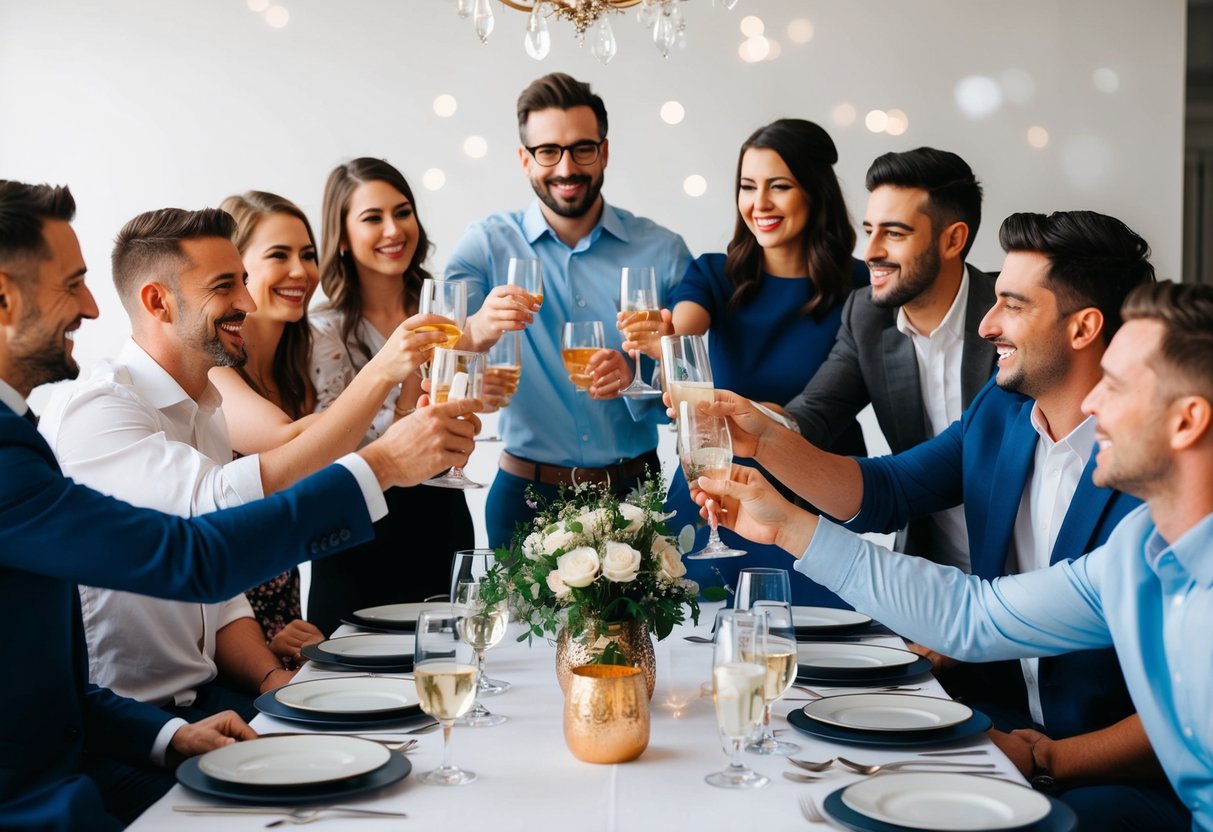A group of friends gathered around a table, clinking glasses and celebrating as the host presents each one with a personalized invitation to be in the wedding party