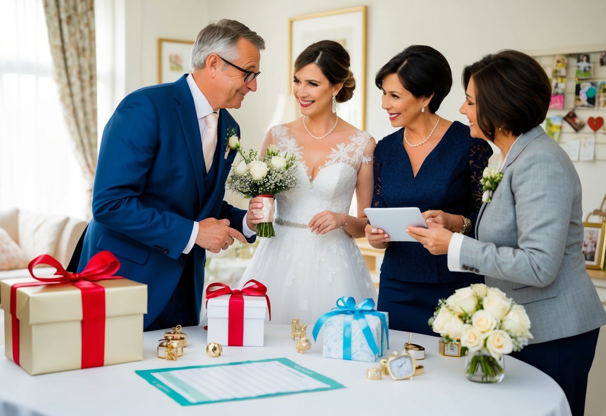 Parents of the bride discussing gift options, surrounded by wedding memorabilia and a gift registry list