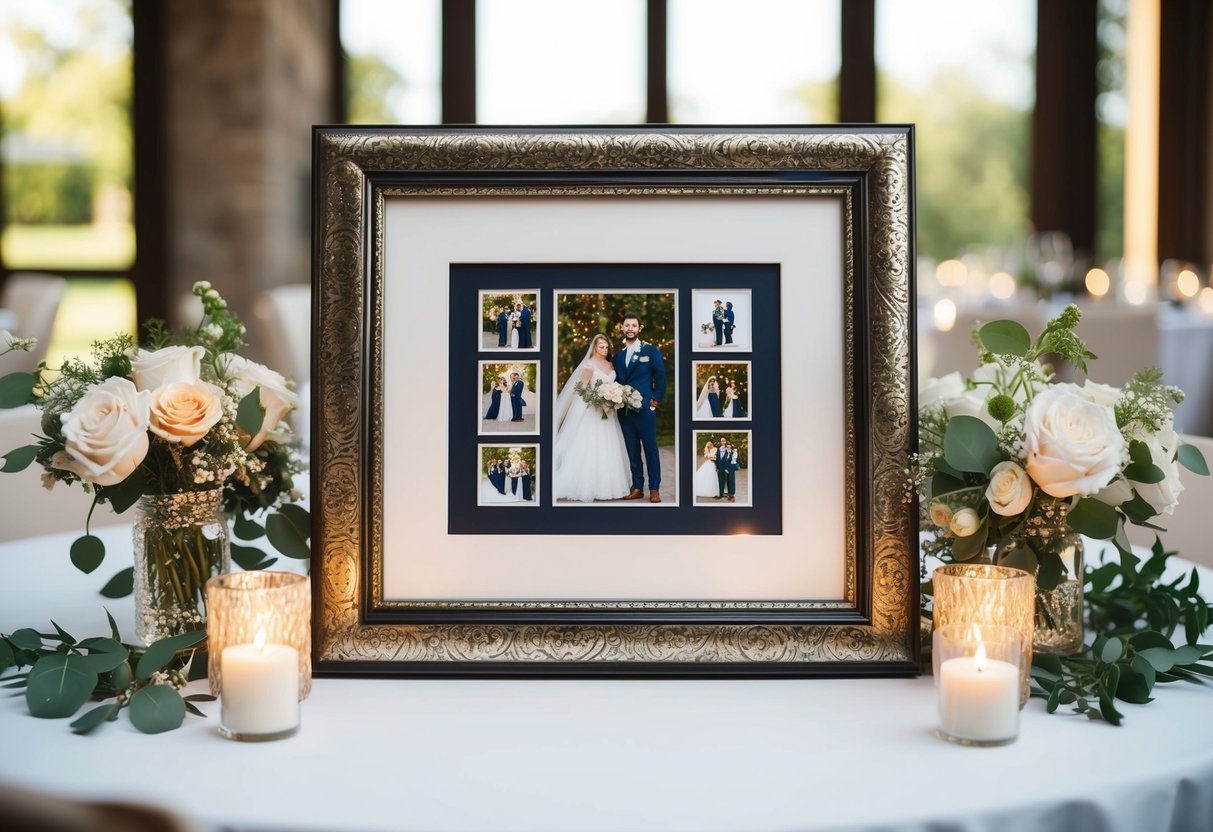 A table with a decorative frame displaying wedding photos, surrounded by flowers and candles