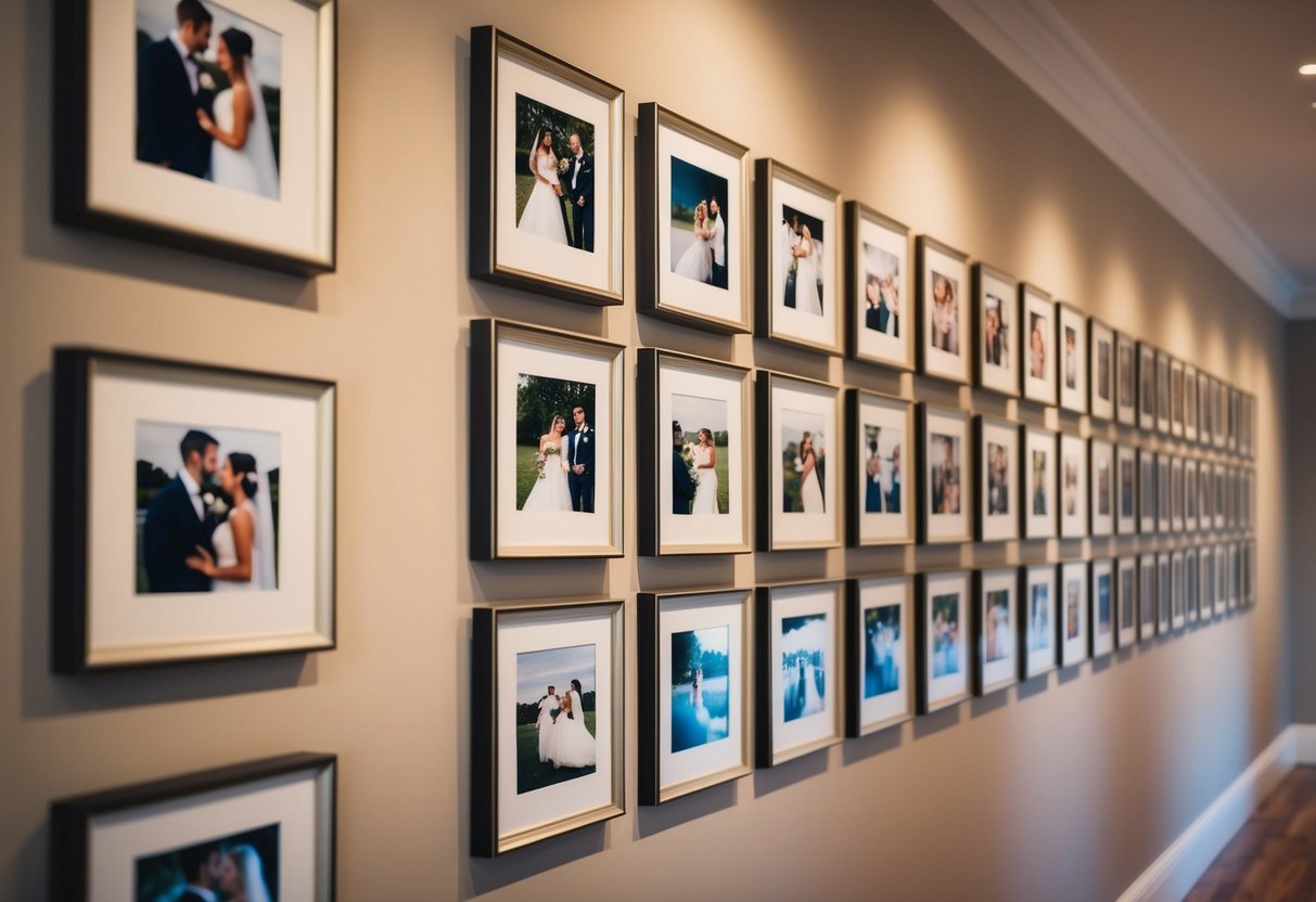A row of wedding photos displayed on a gallery wall with elegant frames and soft lighting
