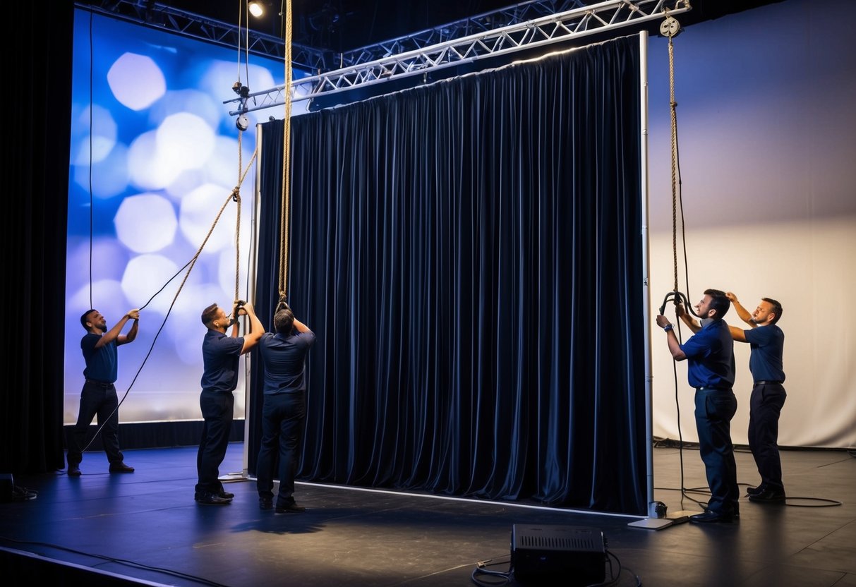 A stage backdrop is being hung with ropes and pulleys, with technicians adjusting the height and position