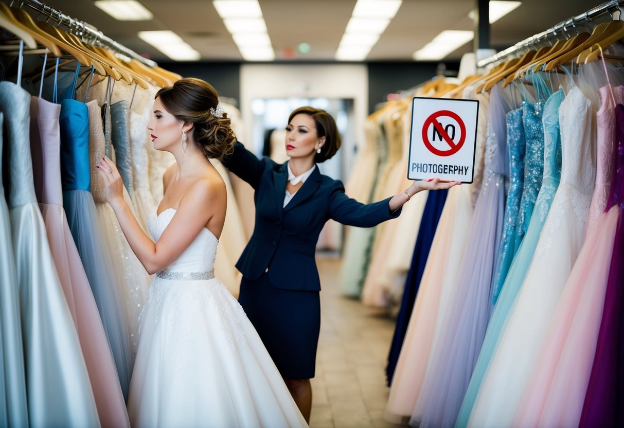 A bride in a wedding dress shop, surrounded by racks of gowns, looking disappointed as a salesperson gestures to a "no photography" sign