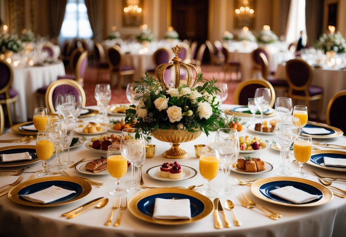 The grand royal banquet table adorned with golden cutlery and fine china, showcasing a lavish spread of delectable delicacies fit for a queen's wedding breakfast