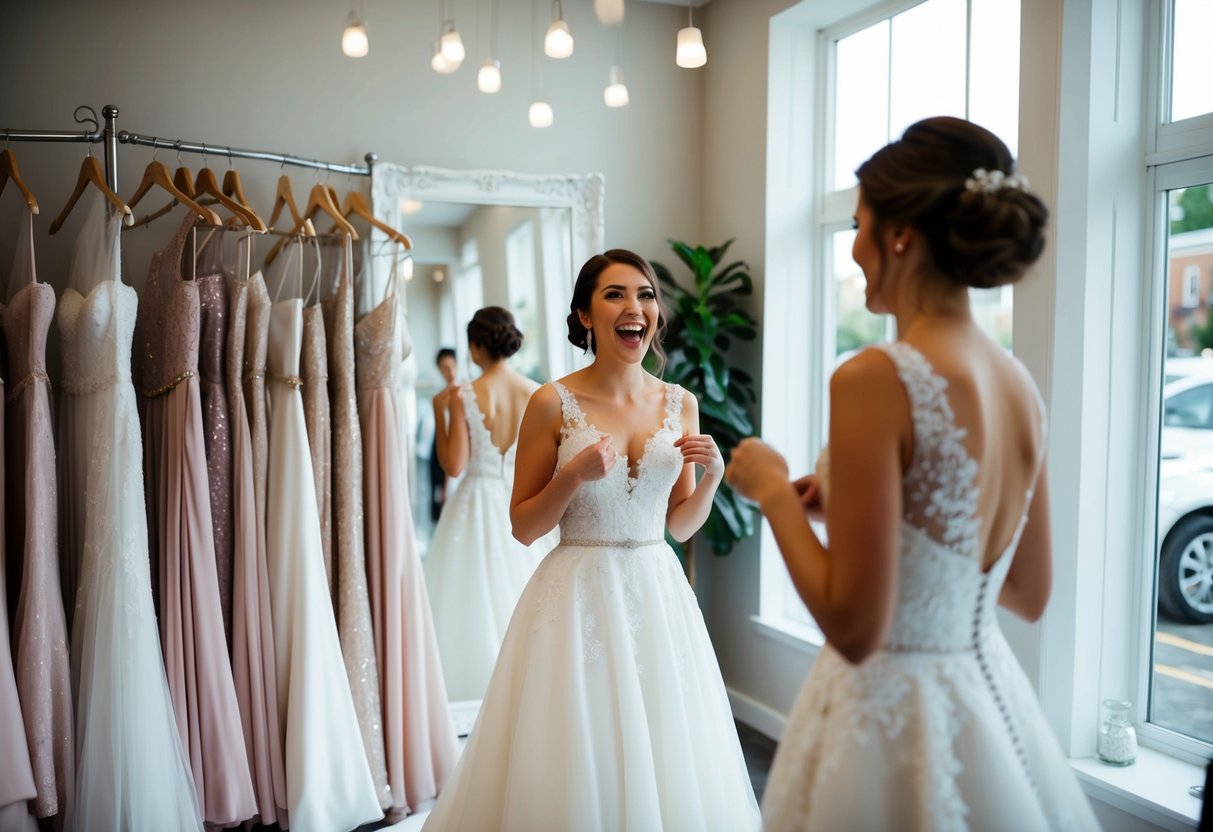 A bride-to-be excitedly tries on wedding dresses in a shop, surrounded by racks of elegant gowns and a large mirror