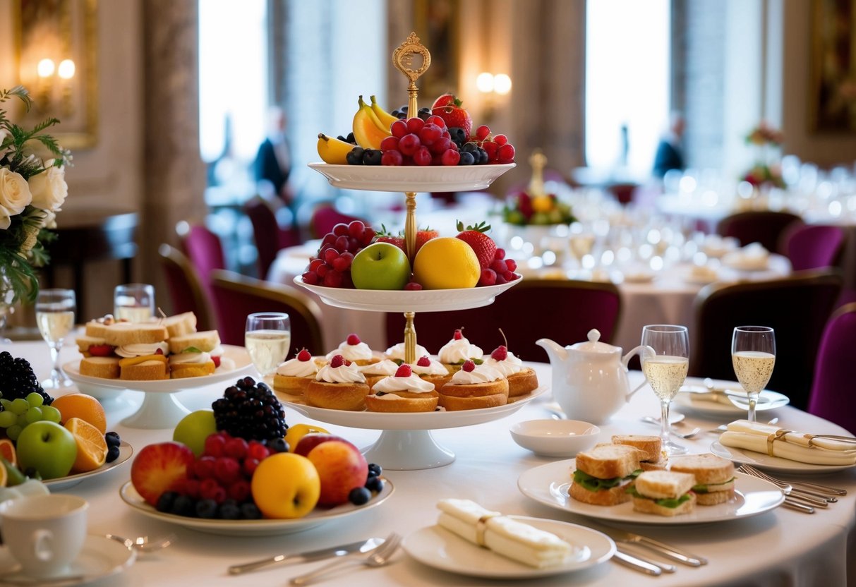 The queen enjoyed a lavish wedding breakfast of fresh fruits, pastries, and delicate finger sandwiches, all elegantly displayed on a grand banquet table