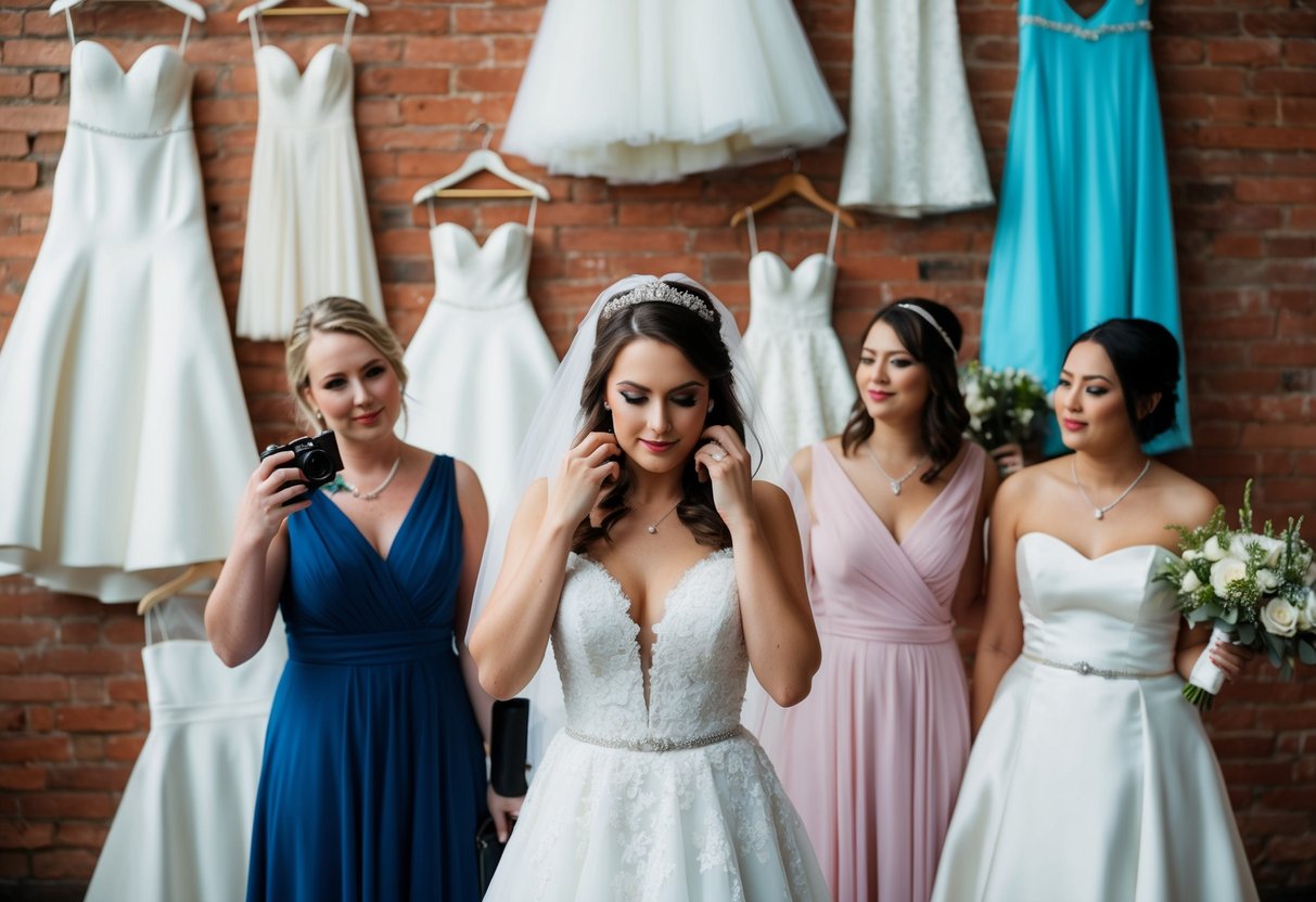 A bride surrounded by various wedding dress styles, unable to take photos