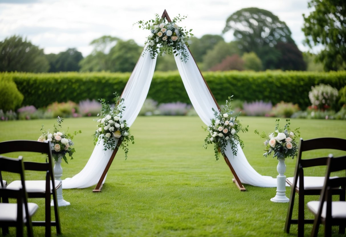 A triangle wedding arch stands in a garden, adorned with flowers and draped fabric, symbolizing strength, balance, and harmony