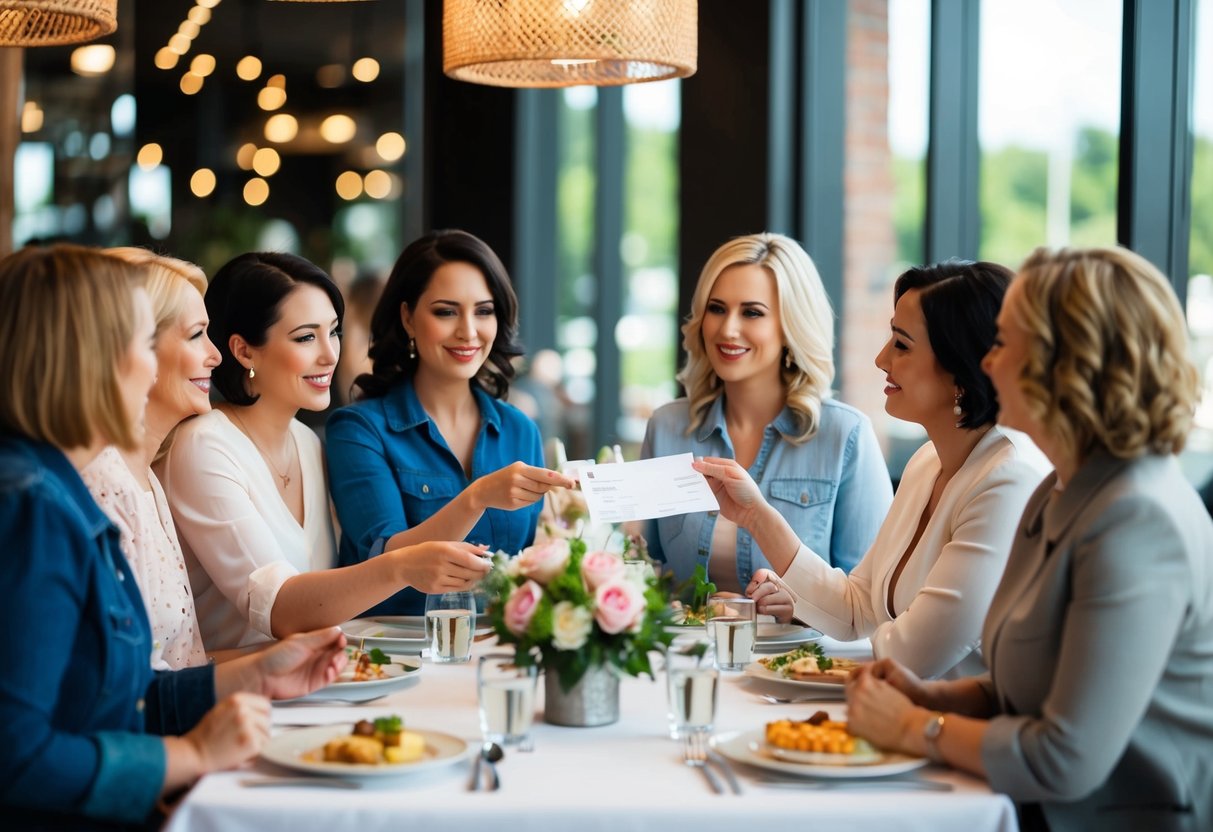 A group of women at a restaurant table, passing around a bill and discussing who will cover the cost of the bridal shower lunch