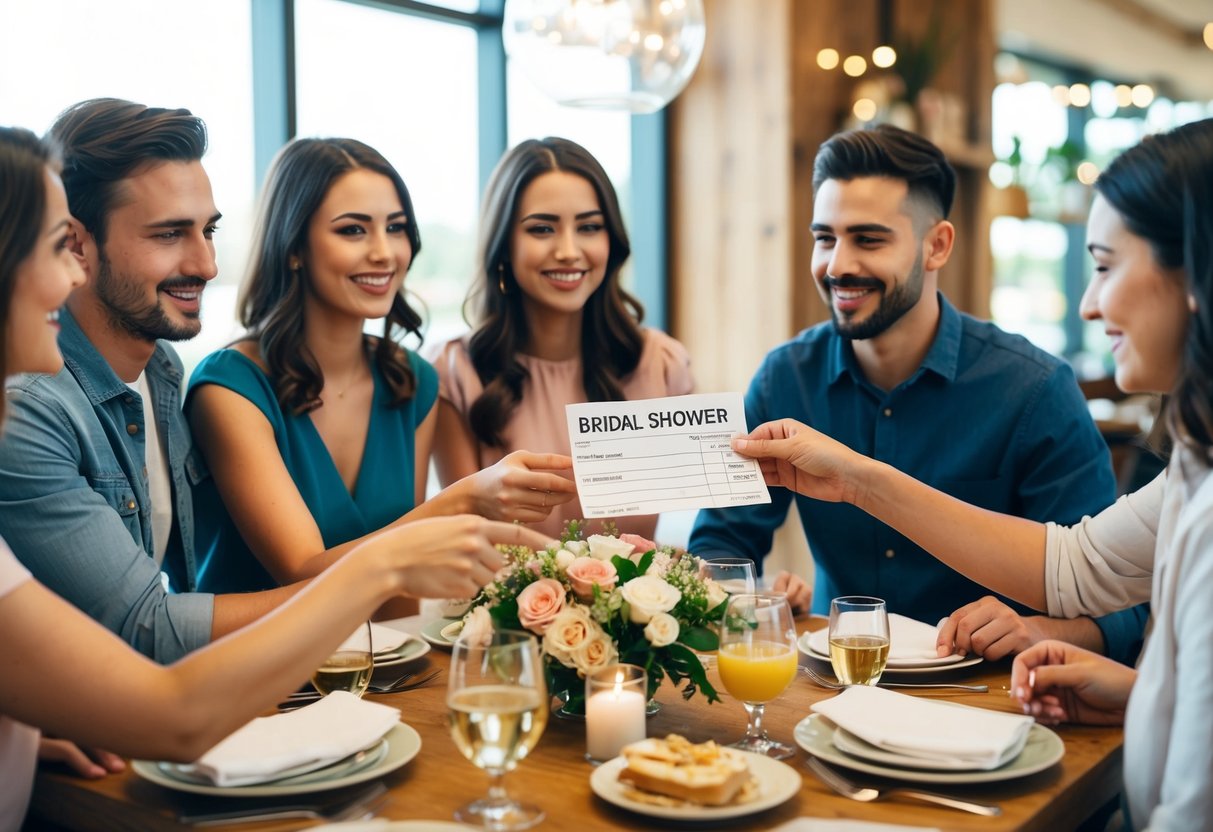 A group of friends gather at a restaurant, passing around a bill for the bridal shower lunch