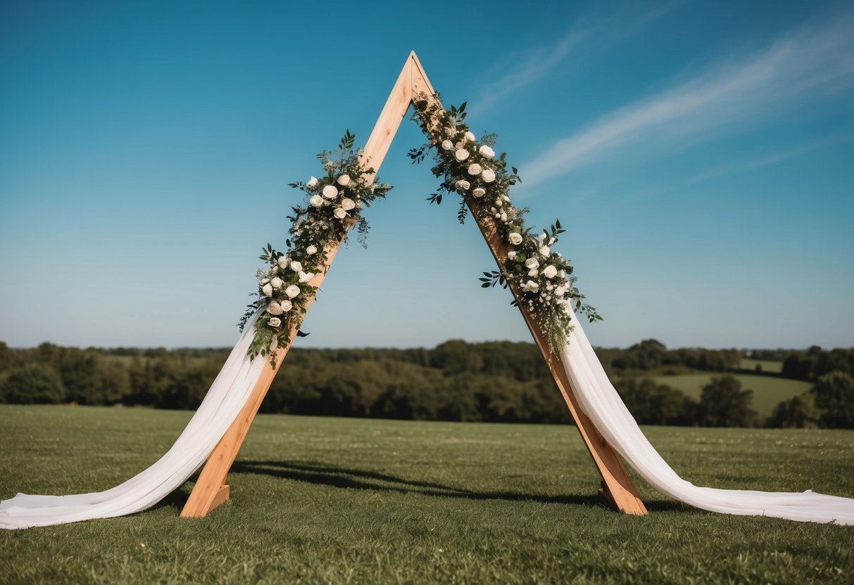 A triangle wedding arch stands on a grassy field, adorned with flowers and draped fabric, under a clear blue sky