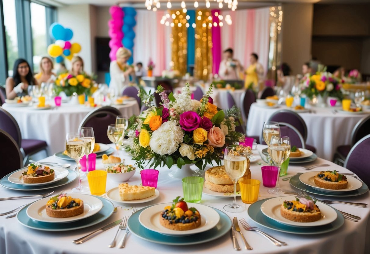 A table set with elegant place settings and a spread of delicious food, surrounded by colorful decorations and activities for a bridal shower celebration