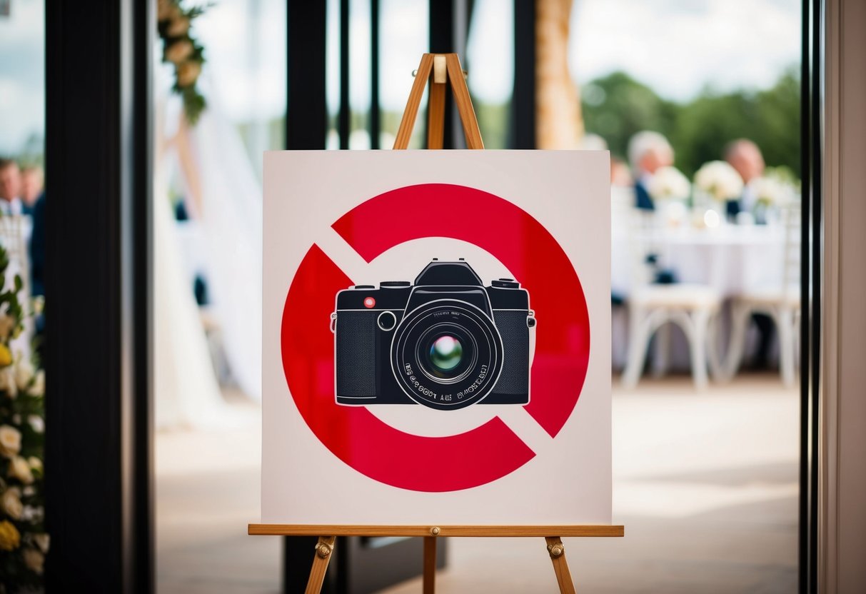 A sign with a camera inside a red circle and a line through it at the entrance of a wedding venue