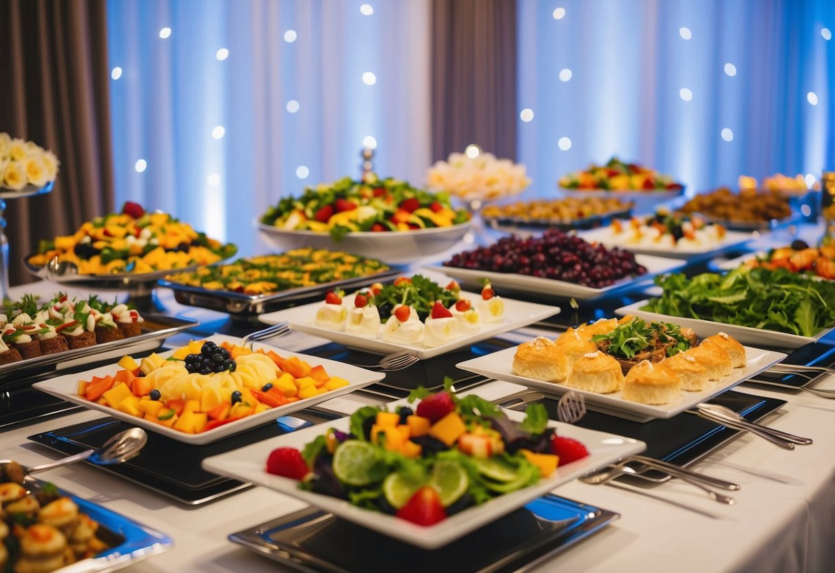 A lavish spread of colorful dishes, from fresh salads to decadent desserts, is arranged on elegant serving platters at a wedding buffet