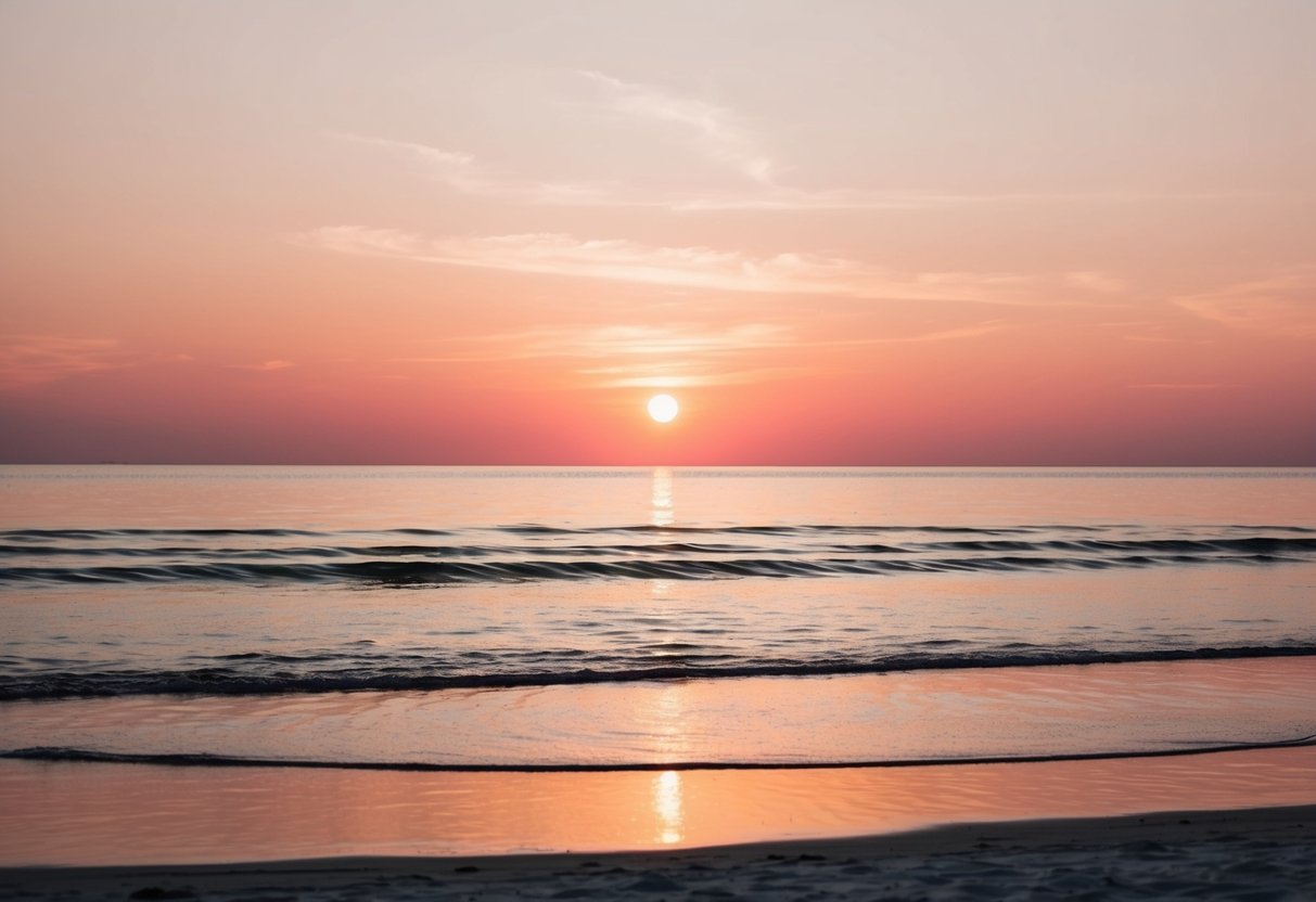 A romantic sunset beach setting with a soft pink and gold sky reflecting on the water
