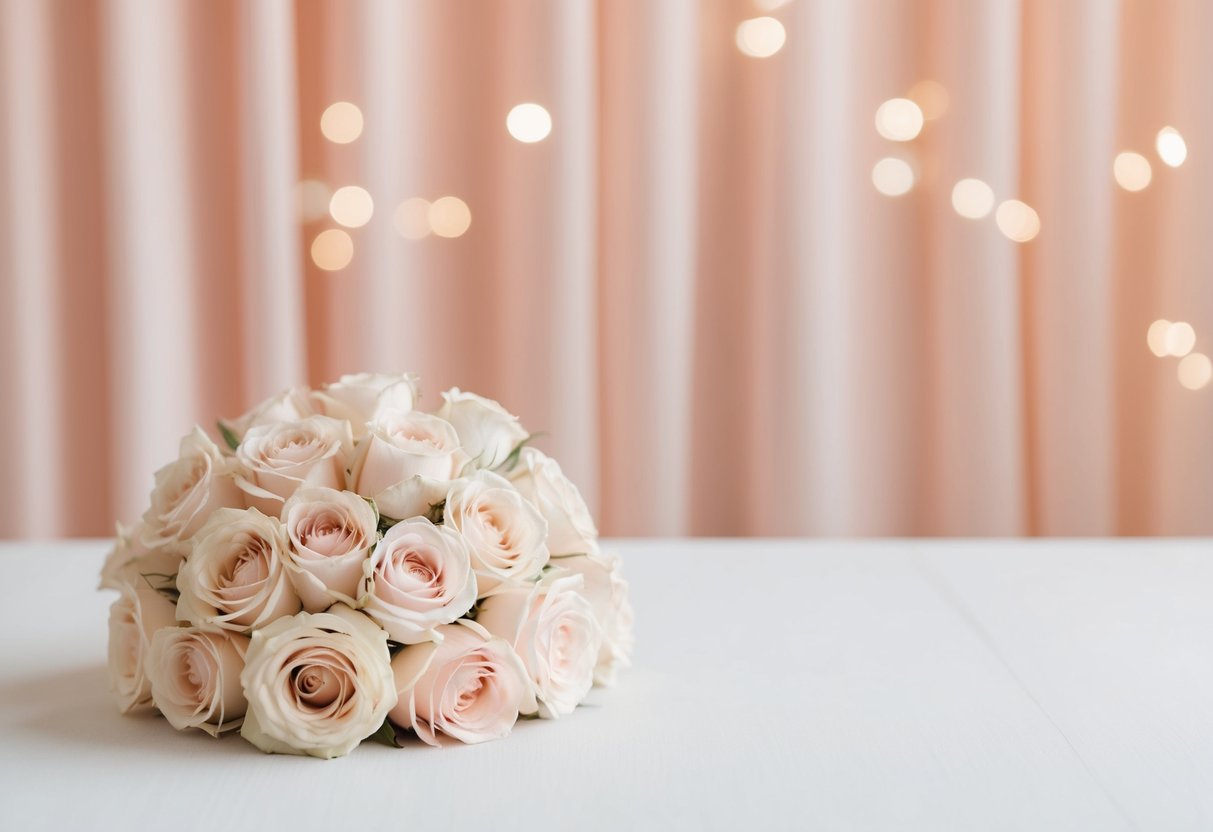 A serene and elegant scene with a soft pastel backdrop in shades of blush or champagne, creating a romantic and timeless atmosphere for a wedding