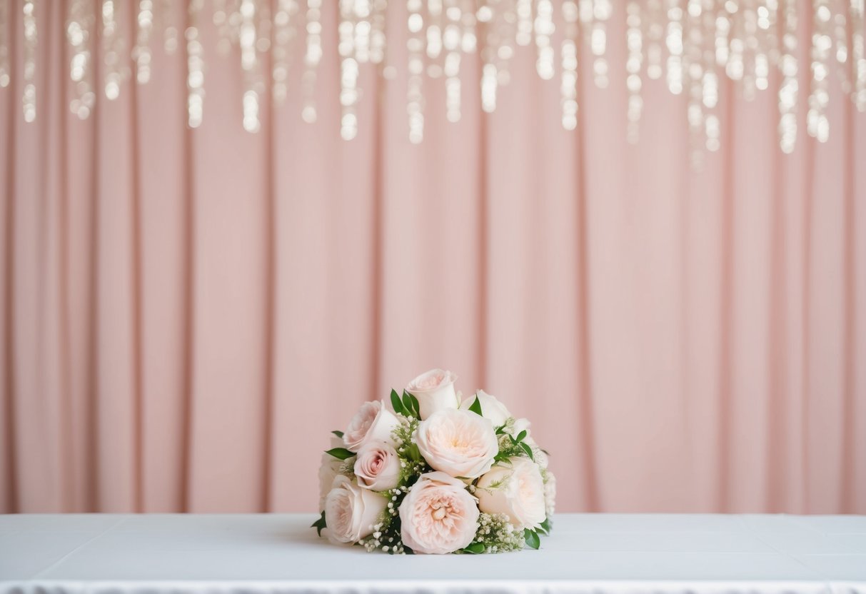 A soft, pale pink backdrop with a subtle shimmer, creating a romantic and elegant atmosphere for a wedding
