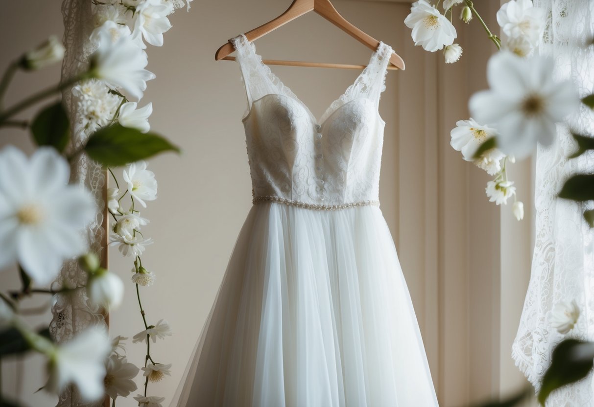 A white wedding dress hanging in a sunlit room, surrounded by delicate white flowers and ethereal lace fabric