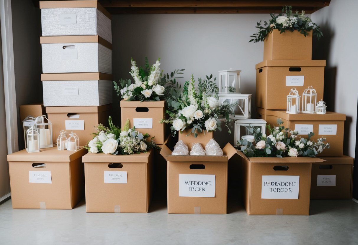 Wedding decorations neatly organized in labeled boxes in a storage room