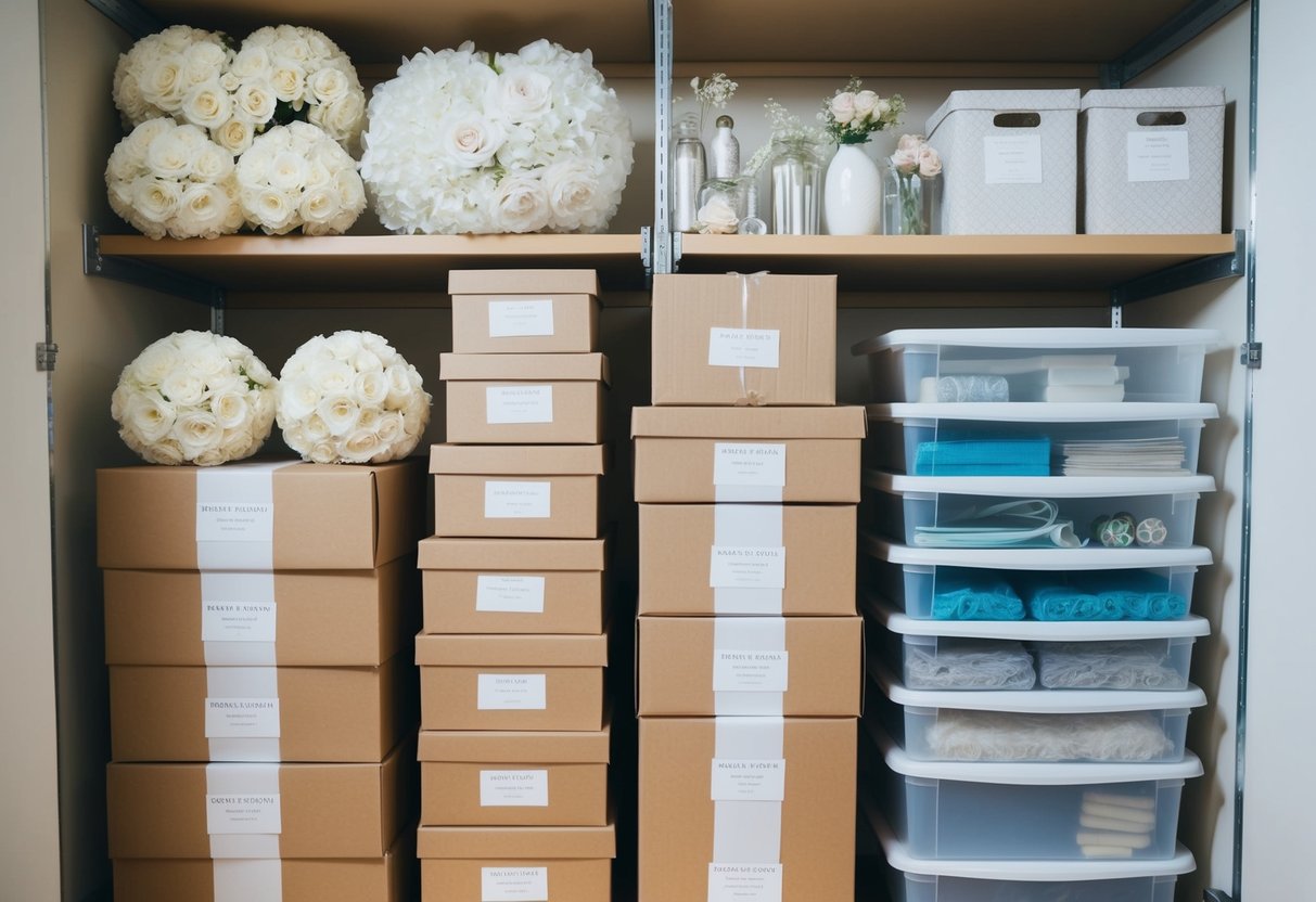 Wedding decorations neatly packed in labeled boxes, stacked on shelves in a storage room with clear plastic bins for smaller items