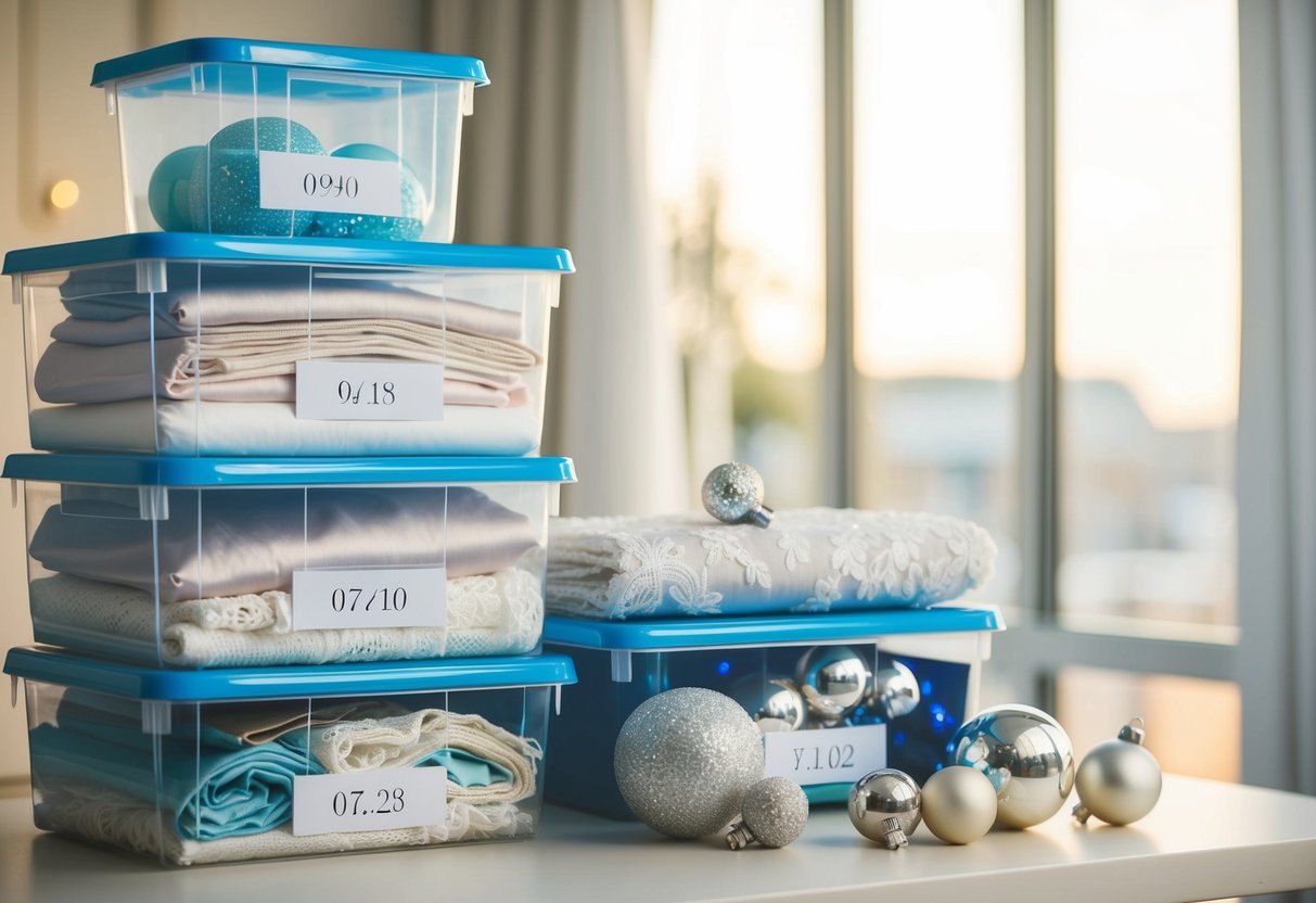 A stack of clear plastic storage bins filled with neatly folded fabric, delicate lace, and sparkling ornaments from a wedding, labeled with the date and contents