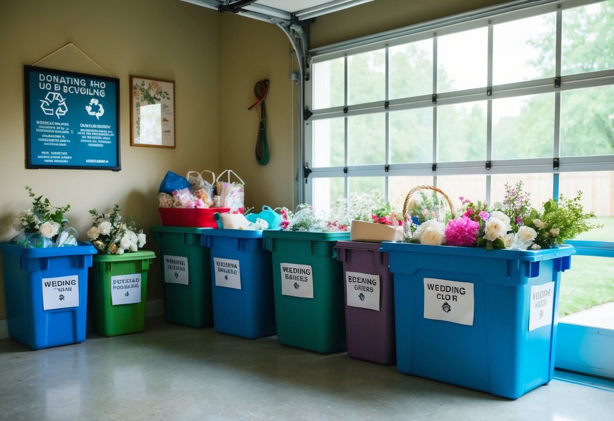 Wedding decorations stored in labeled bins in a tidy garage. Donating and recycling options noted on a nearby bulletin board