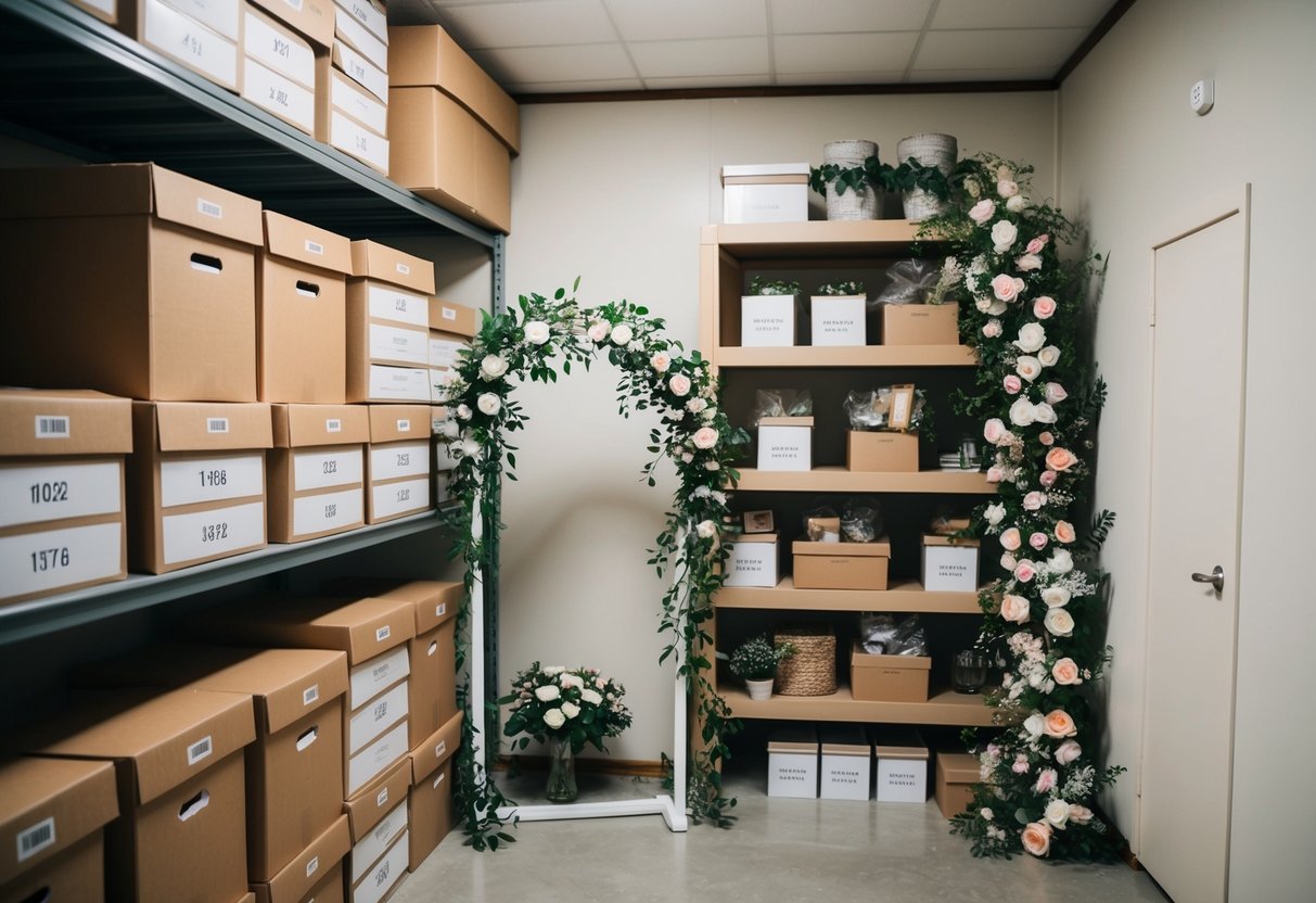 Decorative items neatly packed in labeled boxes, stacked on shelves in a storage room. A wedding arch and floral arrangements leaning against the wall