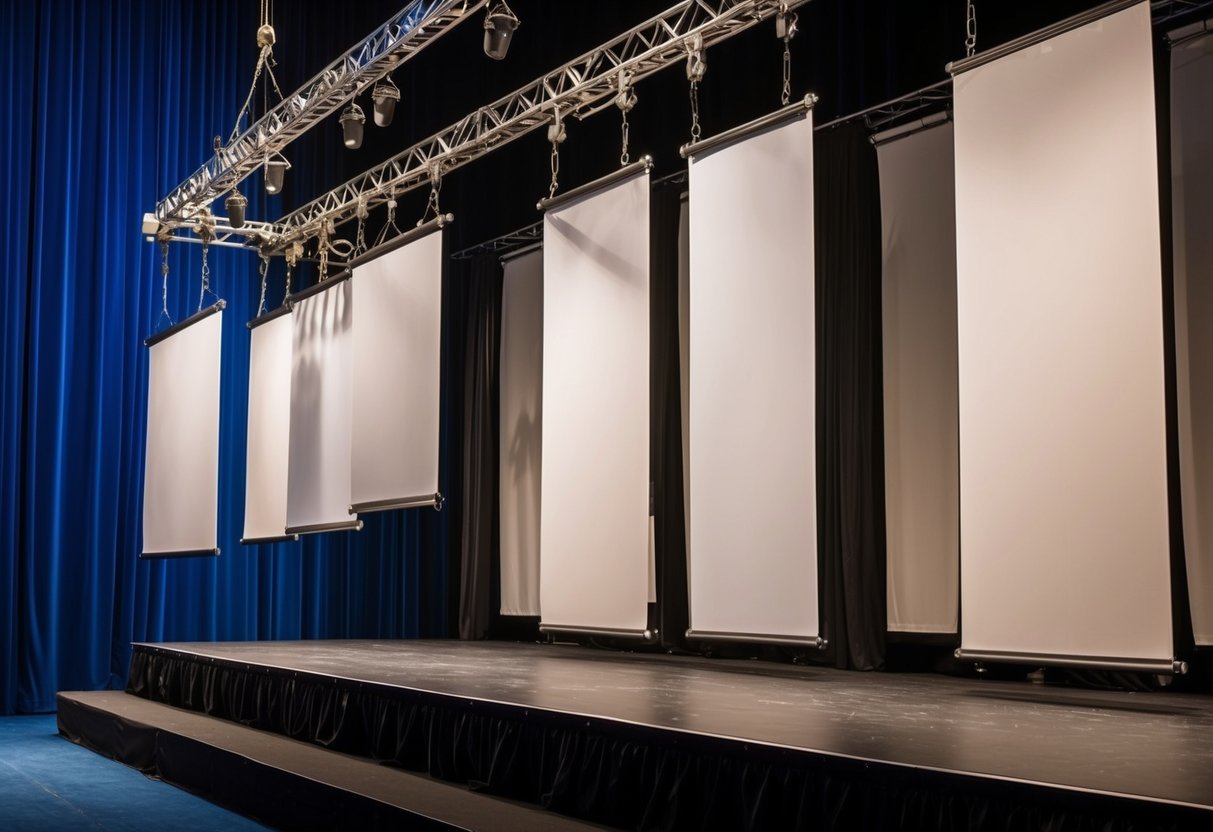A stage with multiple backdrops hanging from a rigging system, ready to be lowered and raised for different scenes