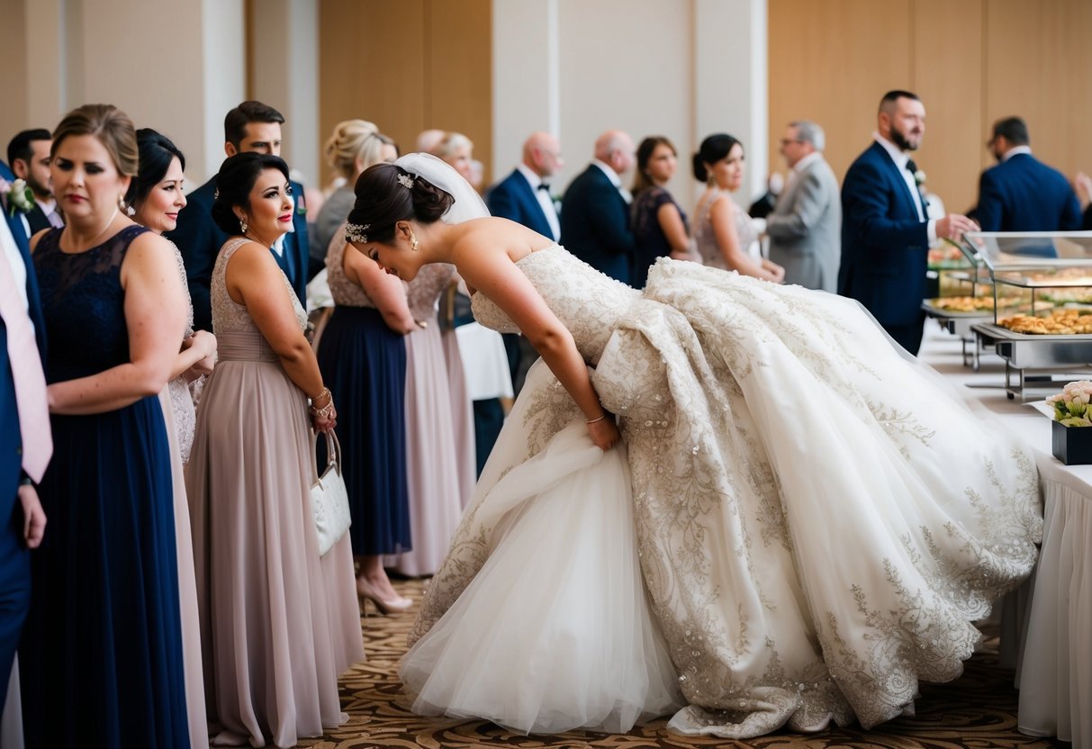 A bride struggling to manage the weight of her heavy, elaborate wedding gown. Guests frowning as they wait in long lines for the buffet