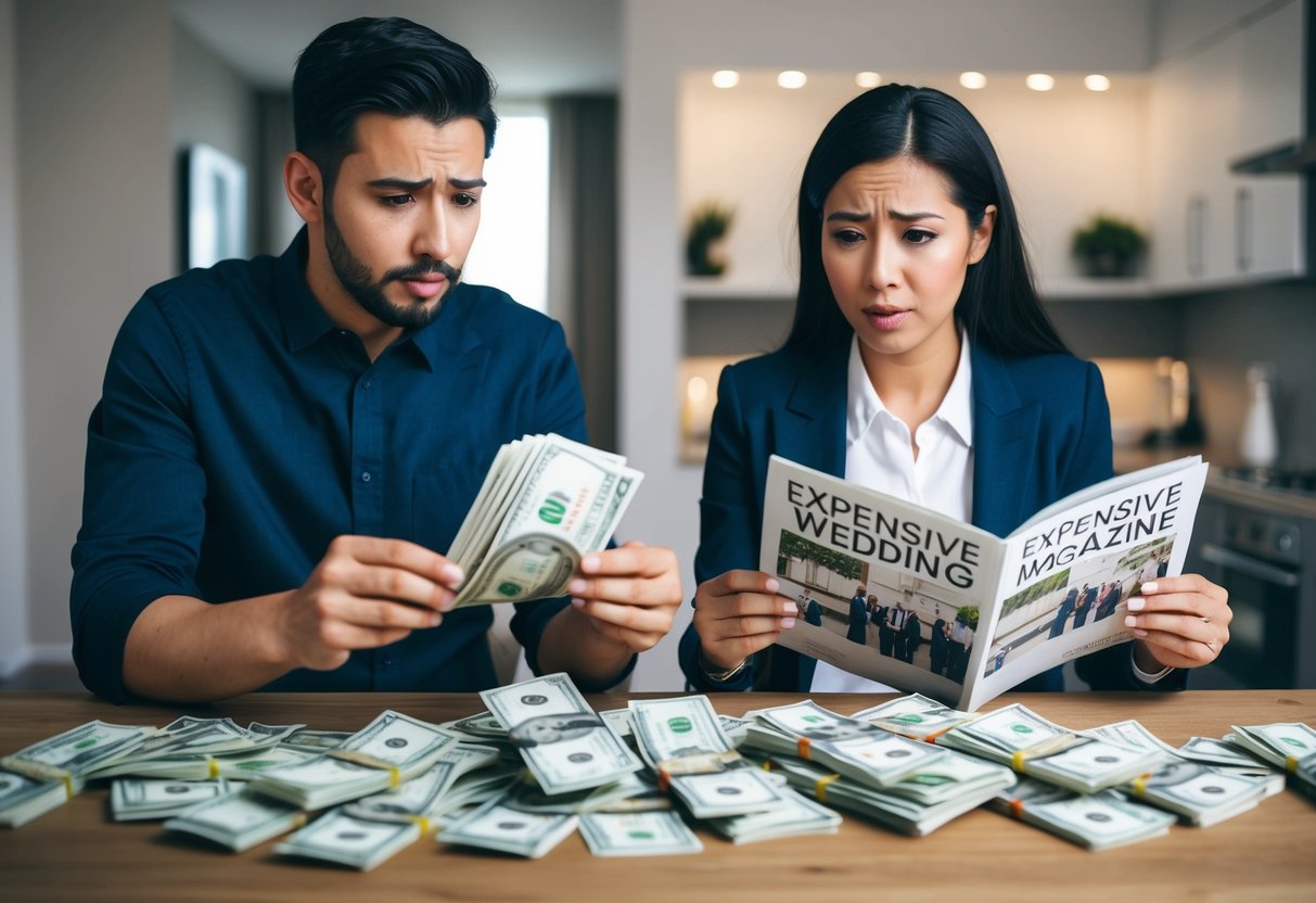 A couple counting money while looking at expensive wedding magazines. A pile of bills and a worried expression on their faces