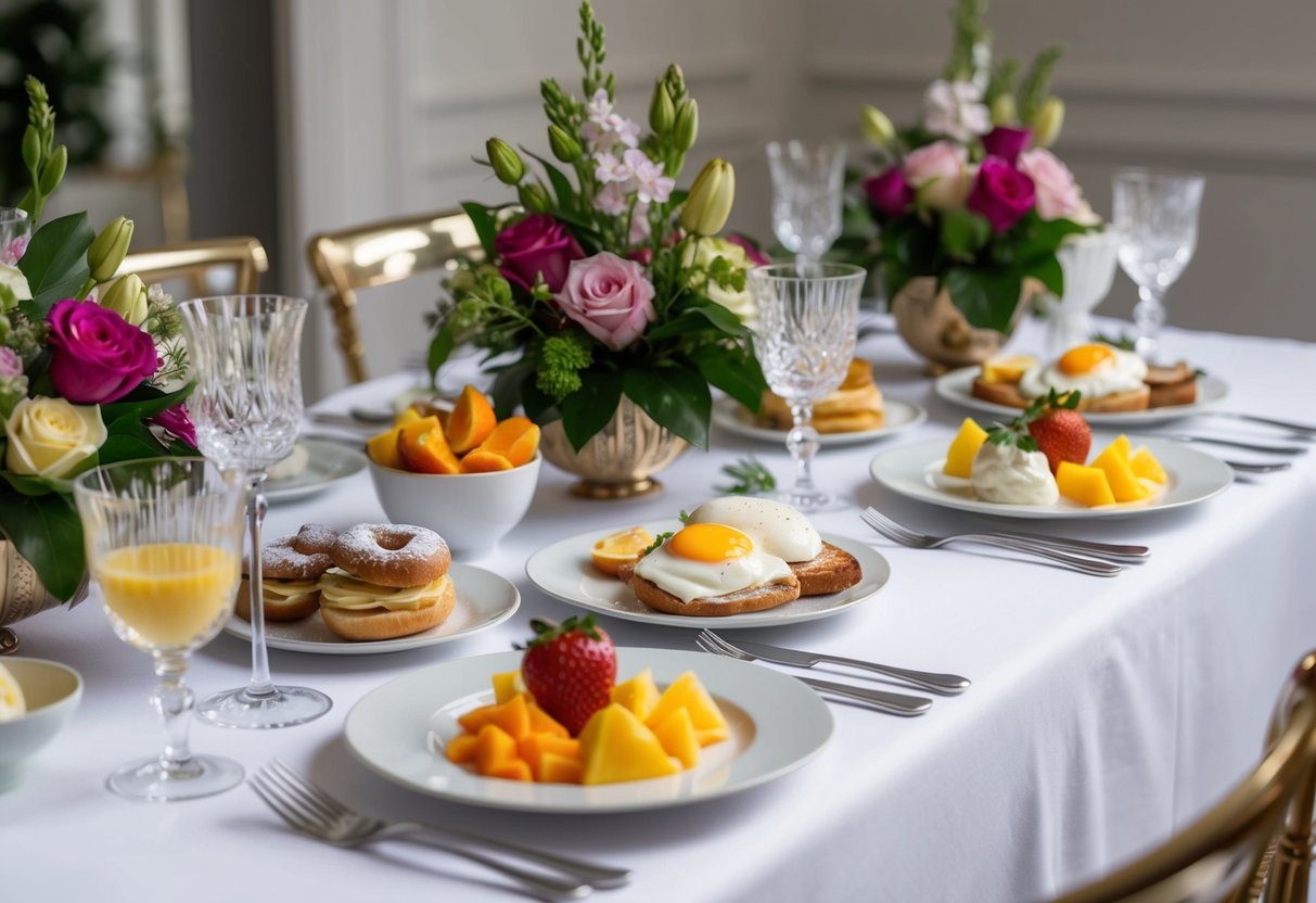 A beautifully set table with a variety of breakfast dishes, including pastries, fruits, and eggs benedict, surrounded by elegant floral arrangements and sparkling glassware