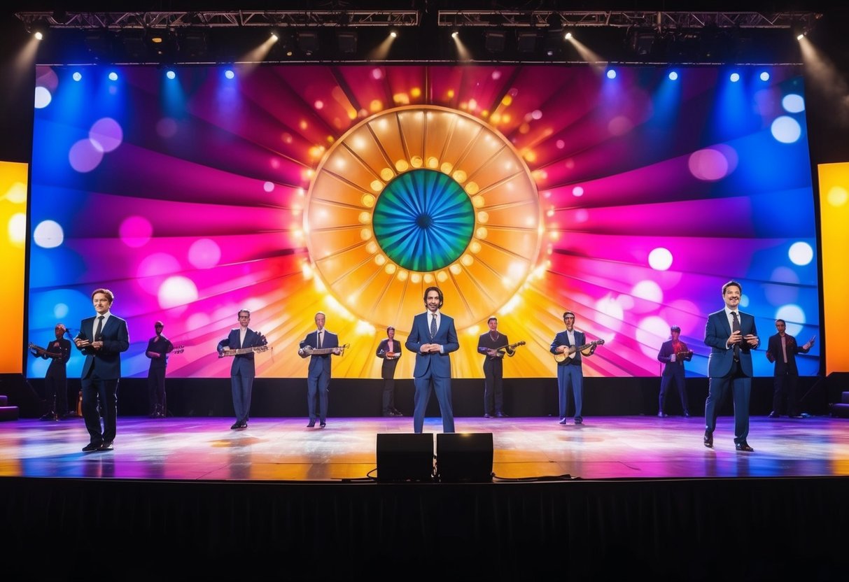 A large, colorful stage backdrop hangs behind the performers, featuring a vibrant and eye-catching design