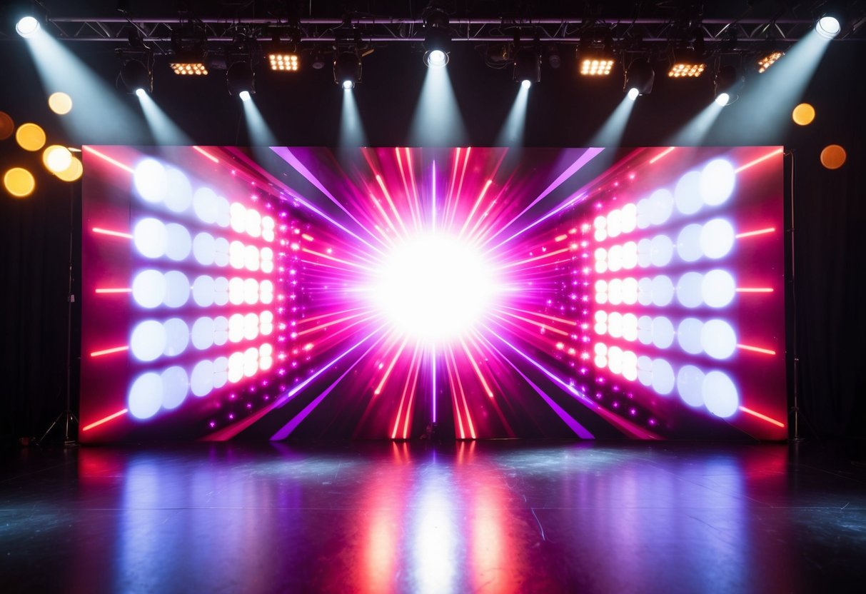 A vibrant stage backdrop with dynamic lighting and effects