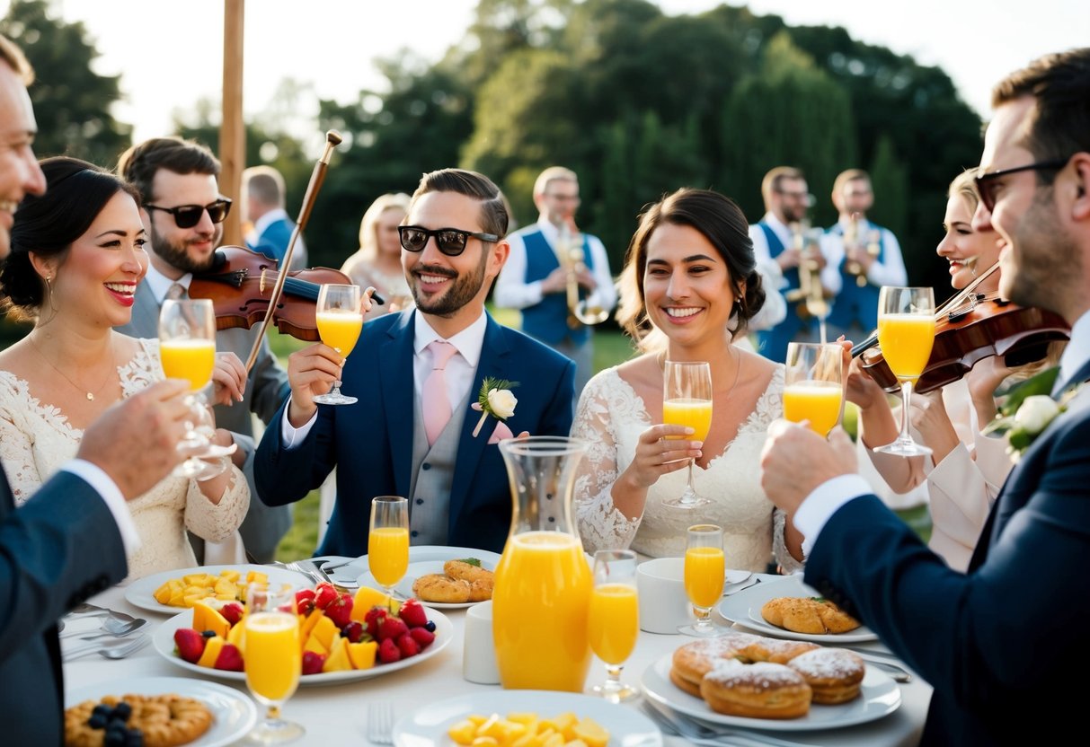 Guests mingle at an outdoor wedding brunch, sipping mimosas and enjoying a spread of pastries and fruit. A string quartet plays in the background as people chat and laugh