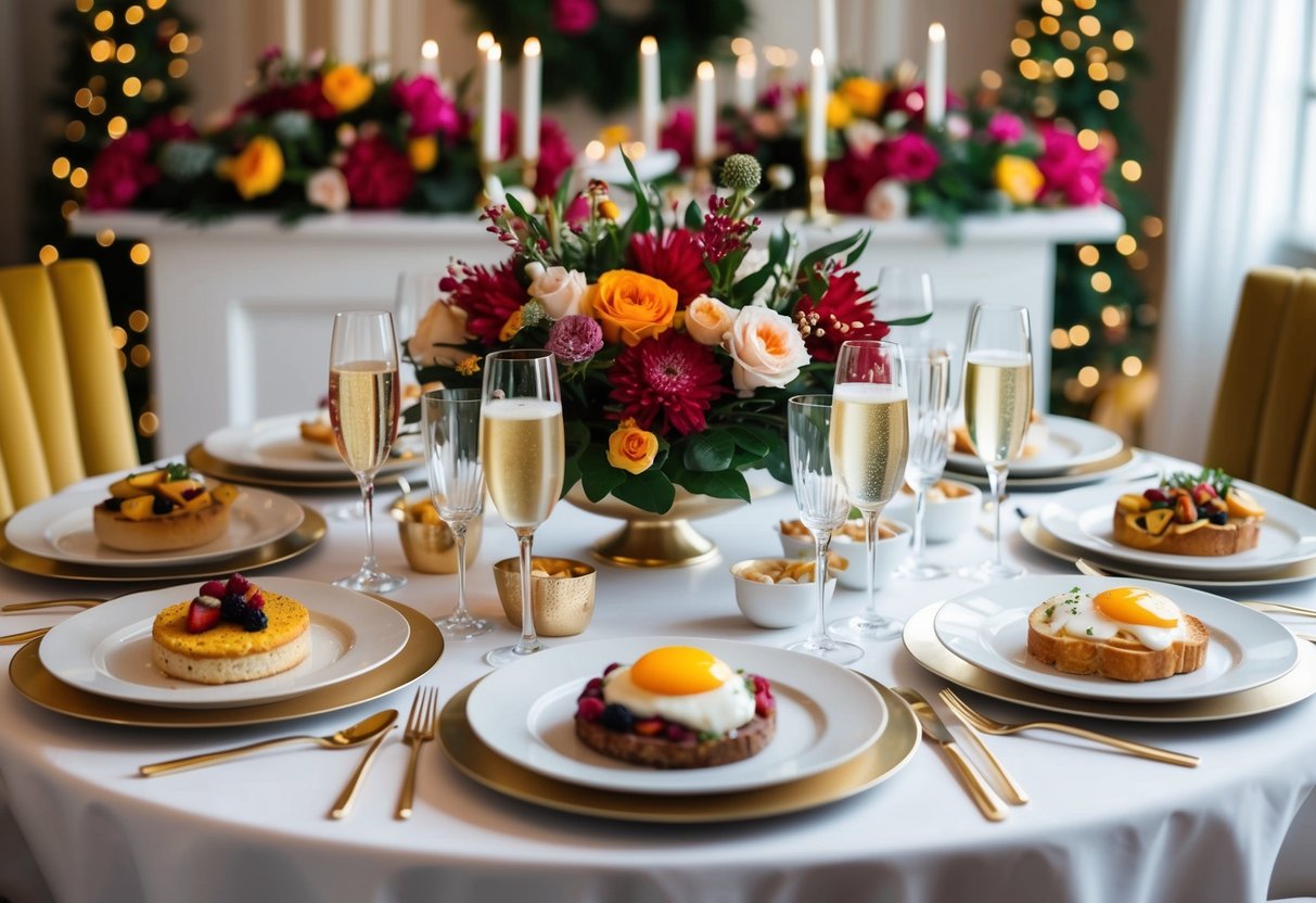A table set with elegant place settings, champagne flutes, and a variety of delicious brunch dishes, surrounded by festive floral decorations