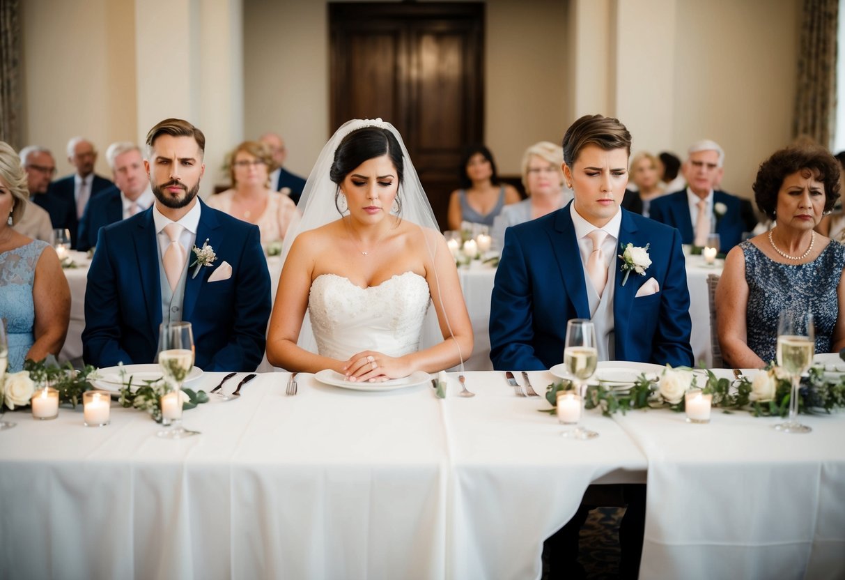 A bride and groom sitting at a long banquet table, surrounded by disinterested relatives. The bride looks uncomfortable in her heavy, restrictive dress