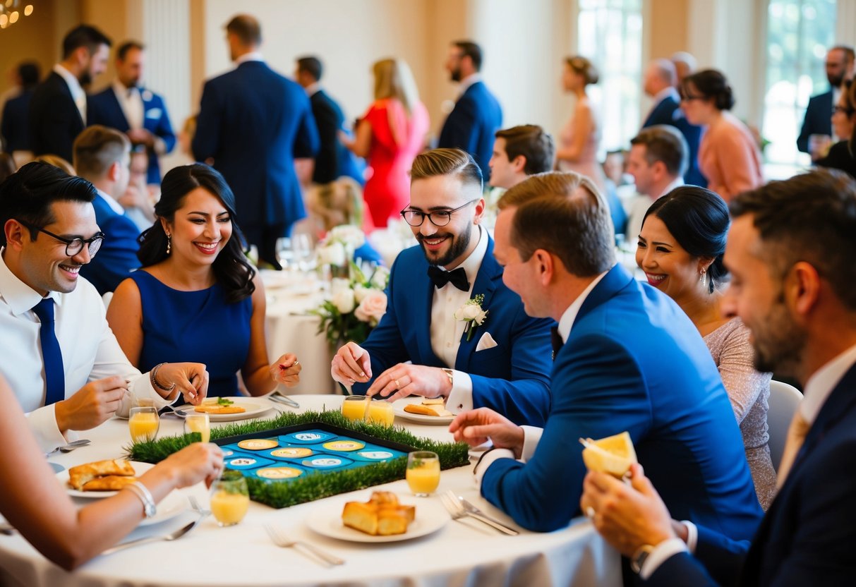 A group of people gather around a table, enjoying interactive games and entertainment at a wedding brunch
