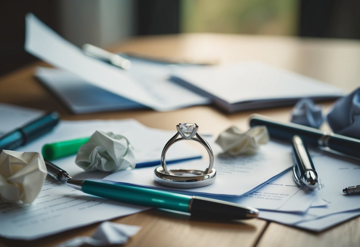 A wedding ring lies abandoned on a cluttered table, surrounded by crumpled paper and discarded pens, hinting at the anxiety of impending nuptials