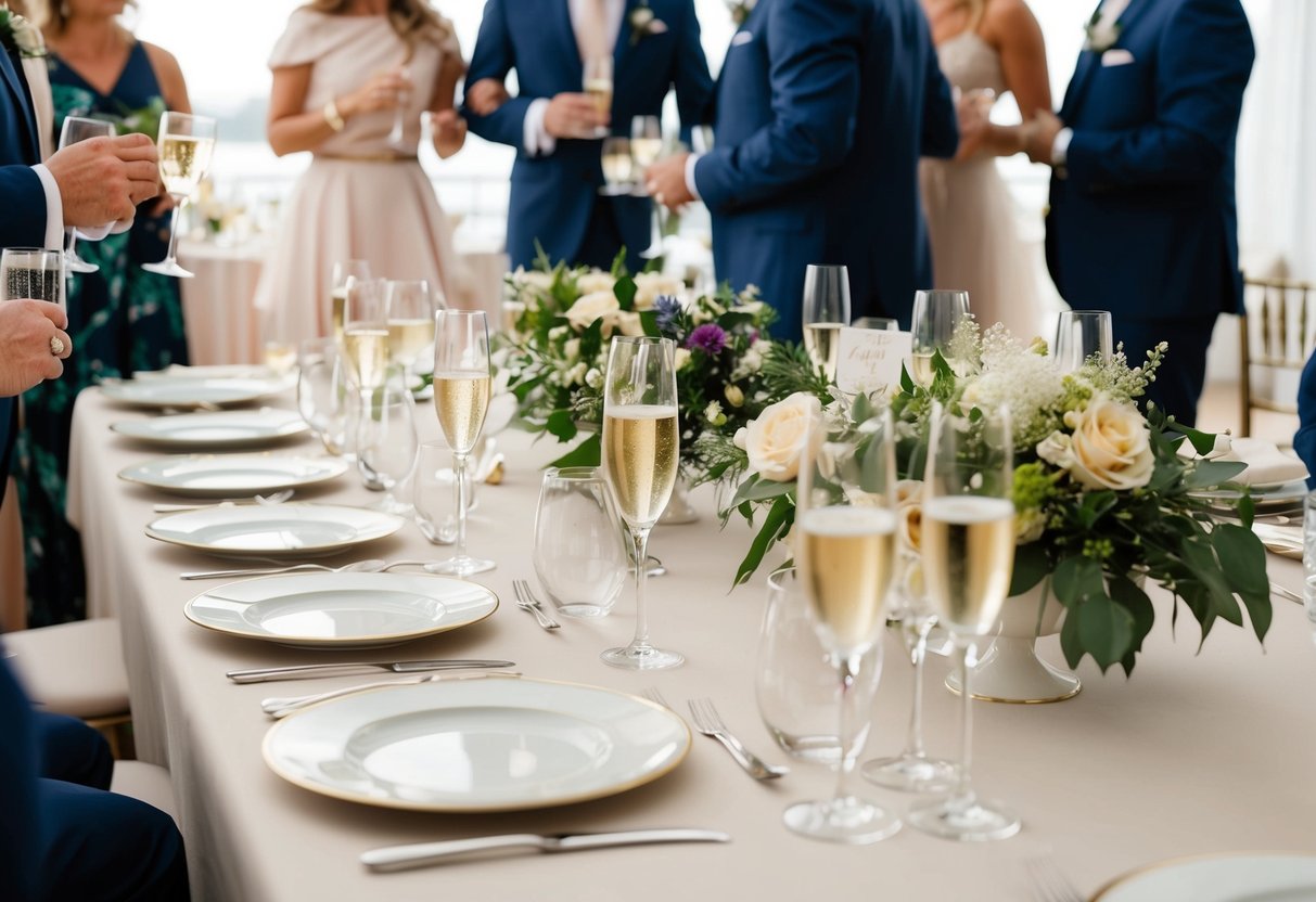 A table set with elegant place settings and leftover champagne glasses, as guests mingle and say their goodbyes after a wedding brunch