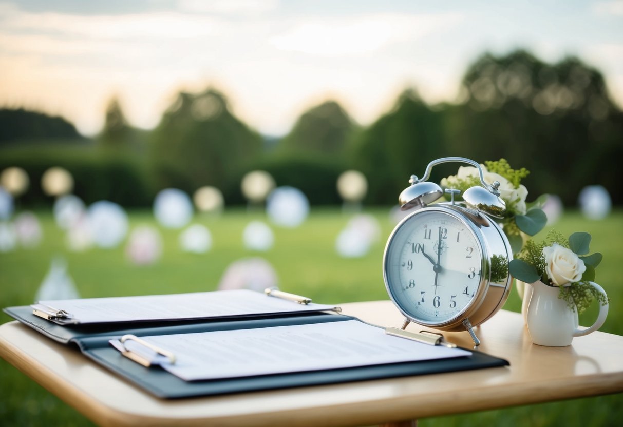 A serene, outdoor wedding planning scene with a calm, organized atmosphere and a sense of peace and assurance