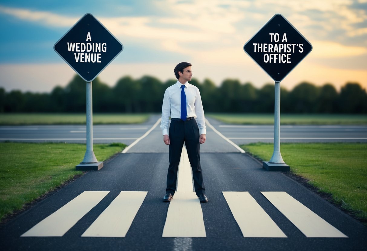A person standing at a crossroads, with one path leading to a wedding venue and the other path leading to a therapist’s office. The person looks conflicted and unsure