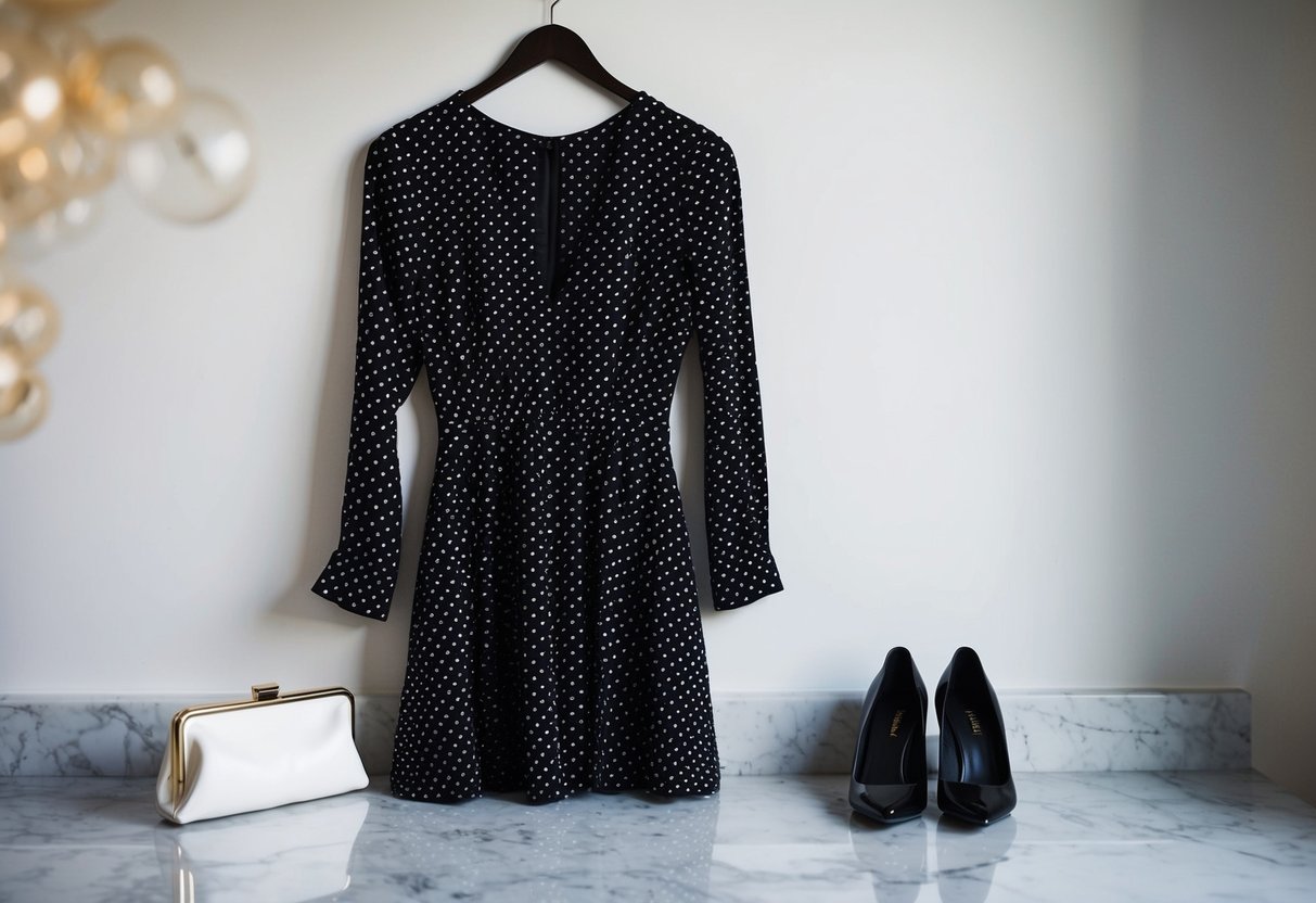A black and white polka dot dress hangs on a hanger next to a pair of black heels and a white clutch on a marble countertop