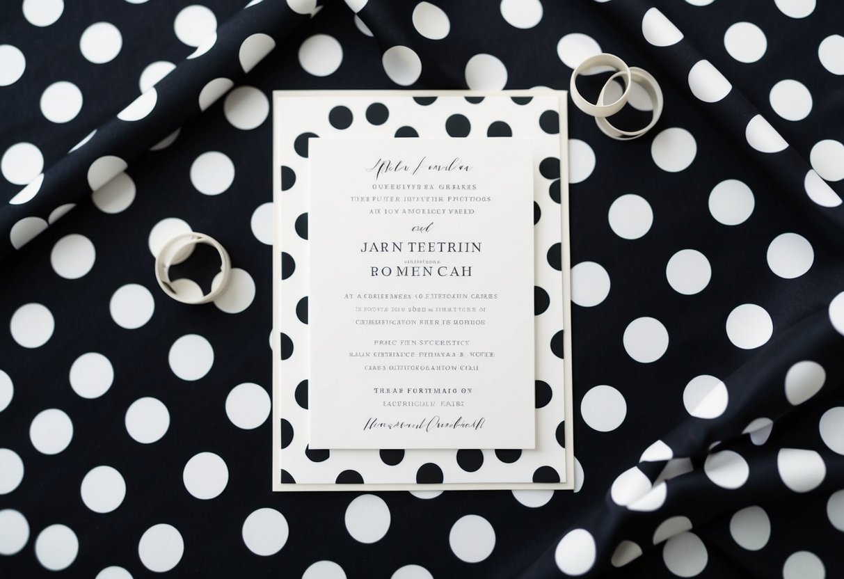 A wedding invitation surrounded by black and white polka dot fabric swatches
