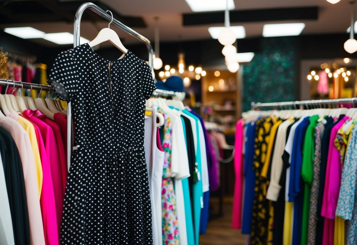 A black and white polka dot dress hangs on a vintage clothing rack, surrounded by other colorful garments in a bustling boutique