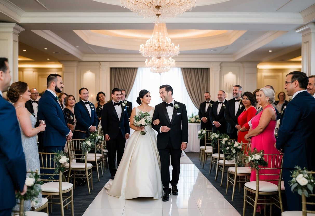 A wedding venue with elegant decor and guests dressed in formal attire
