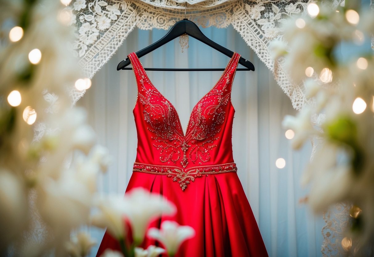 A vibrant red wedding dress hangs on a hanger, surrounded by delicate lace and intricate beading