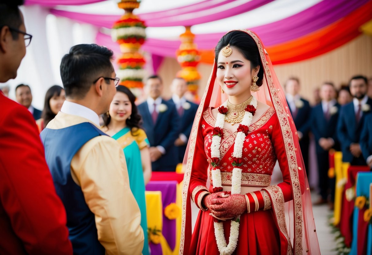 A bride wearing a traditional red wedding dress at a colorful ceremony