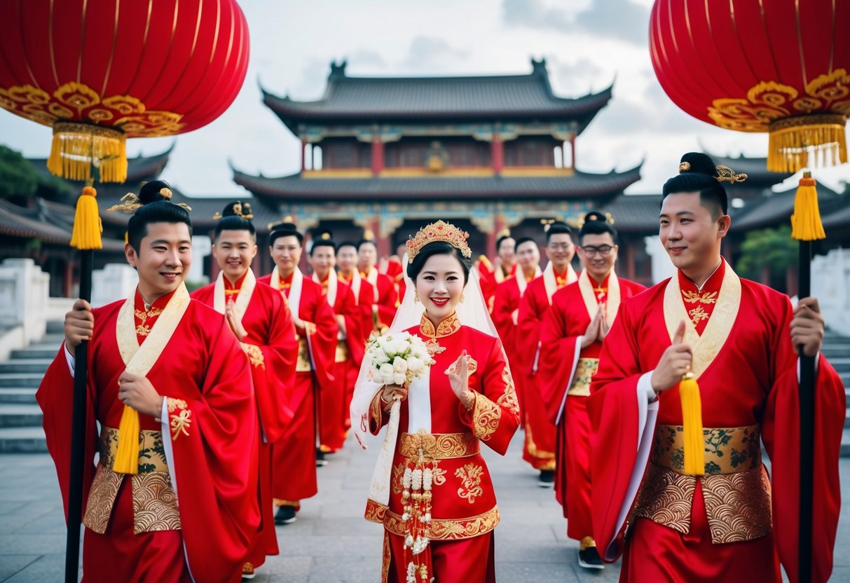 A traditional Chinese wedding with red attire, adorned with gold accents, set against a backdrop of a grand, ornate temple