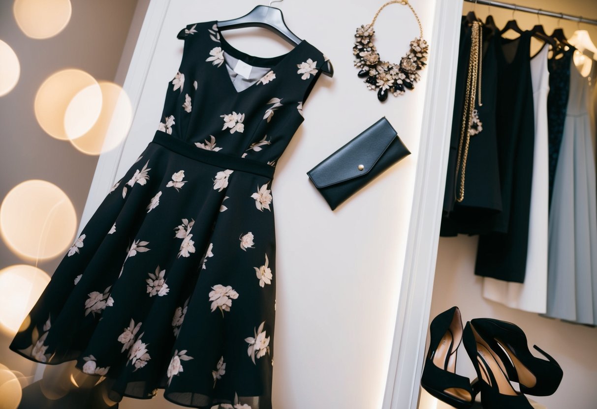 A black dress with a subtle floral print hangs on a hanger next to a pair of black heels, a clutch, and a statement necklace