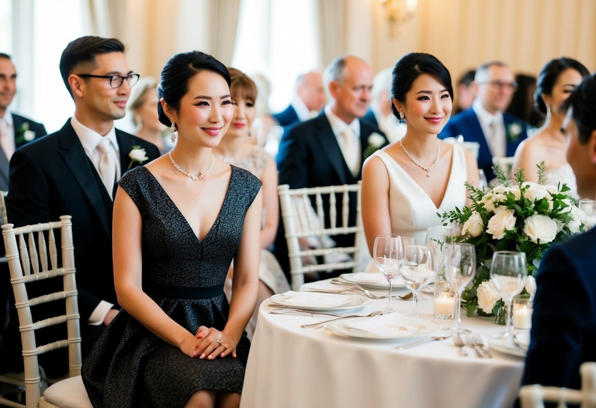 A formal wedding setting with guests in elegant attire. One guest wears a black dress with a subtle print, adhering to wedding attire etiquette