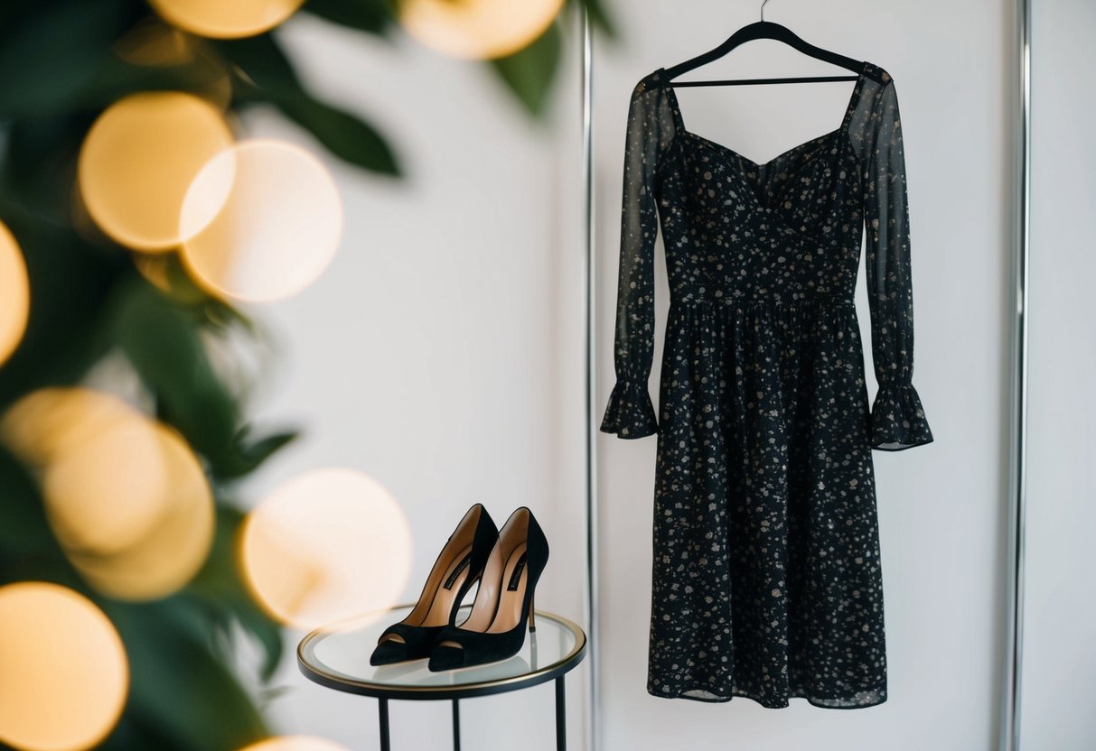 A black dress with a subtle floral print hangs on a hanger next to a pair of elegant black heels